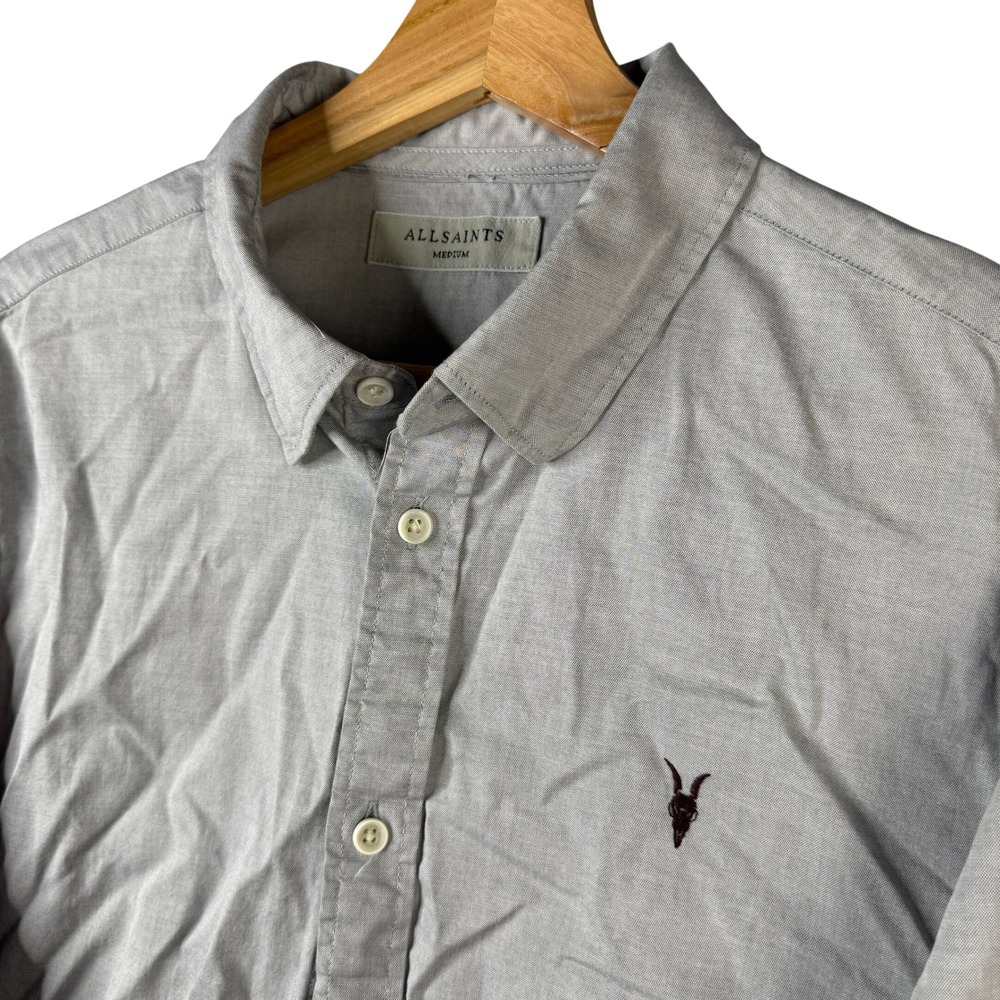 AllSaints Redondo Grey Cotton Long Sleeve Ramskull Button Down Shirt Mens Medium